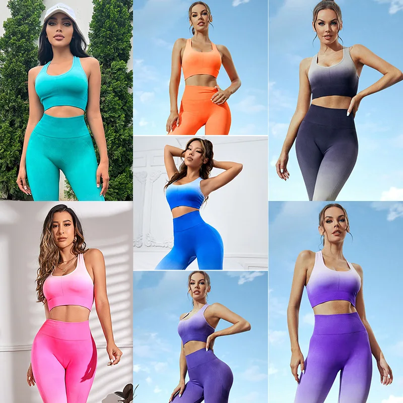 Seamless Gradient Yoga Sets Sports Fitness High Waist Hip-Lifting Pants Backless Bra Suits Workout Gym Leggings Sets for Women