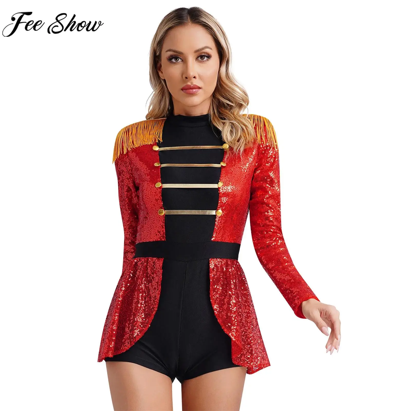 

Women Halloween Carnival Circus Ringmaster Showman Cosplay Performance Costume Long Sleeve Shiny Sequin Tassel Bodysuit Clubwear