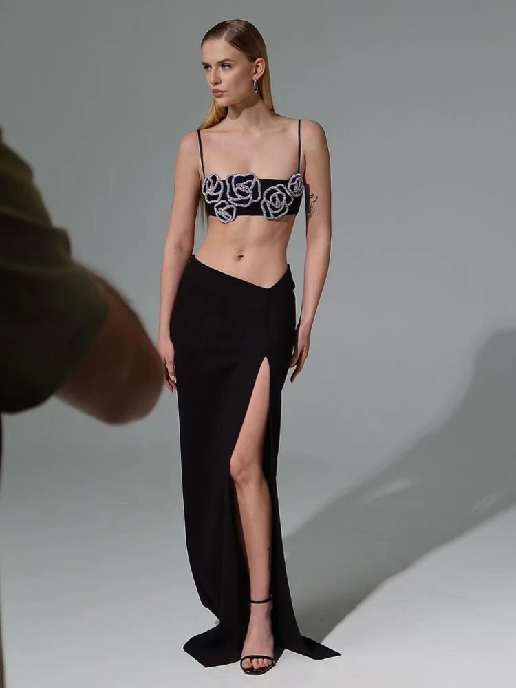 Women Black Skirt Two Piece Set Women Sleeveless Crystal Rose Embellished Top + Split Slim Long Skirt Suits Party Evening Sets