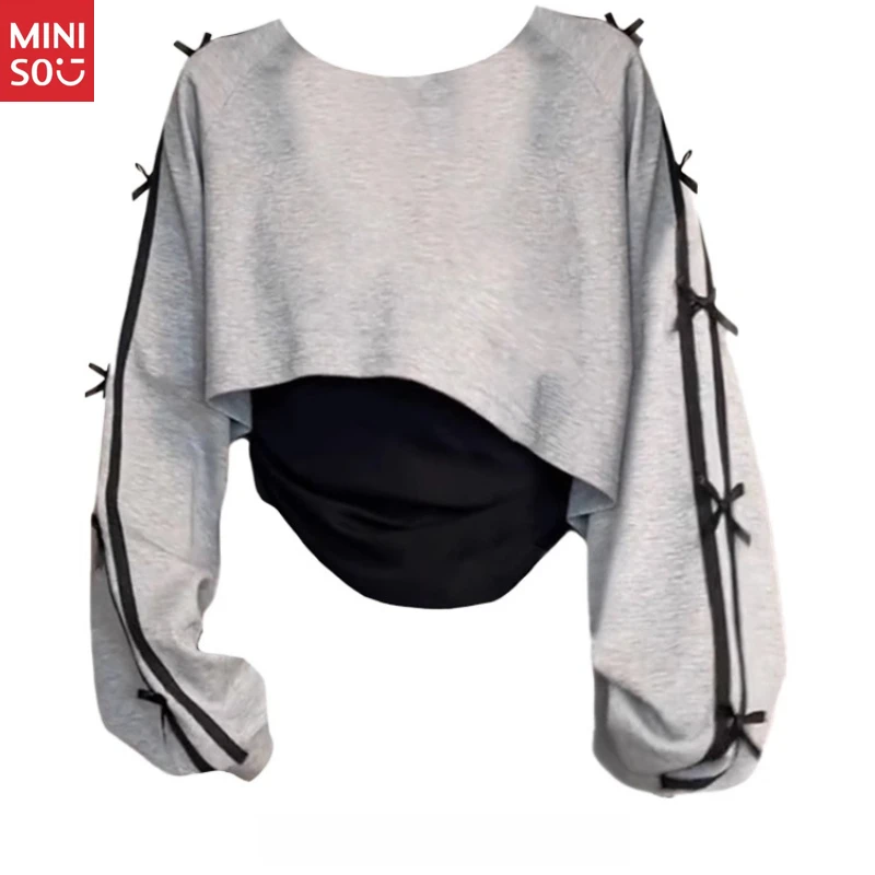 

Miniso Korean Tie Front Crop Top, Petite Two Piece Set, Slim Fit Vest & Sweater