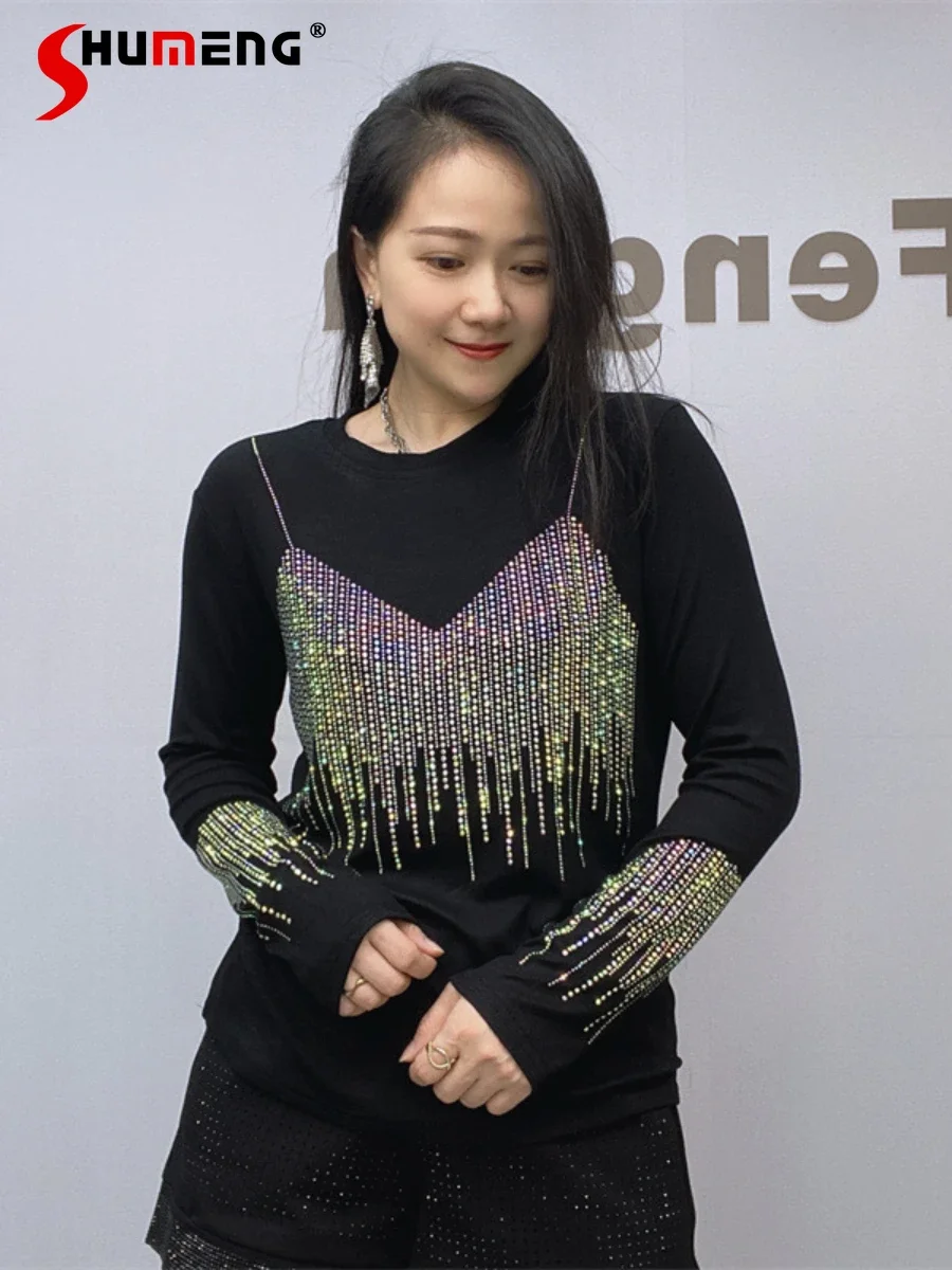 

Women's 2023 Autumn New Bottoming Shirts High-End Round Neck Pullover T-shirt Rhinestone Slim Fit Underwear Long Sleeved Tops
