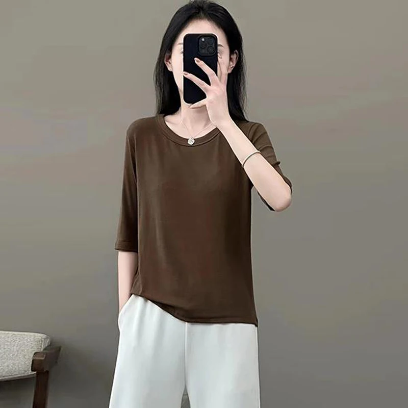 2024 Spring/Summer New Round Neck High Elasticity Shirt Girl's Fashionable Temperament Leisure Time