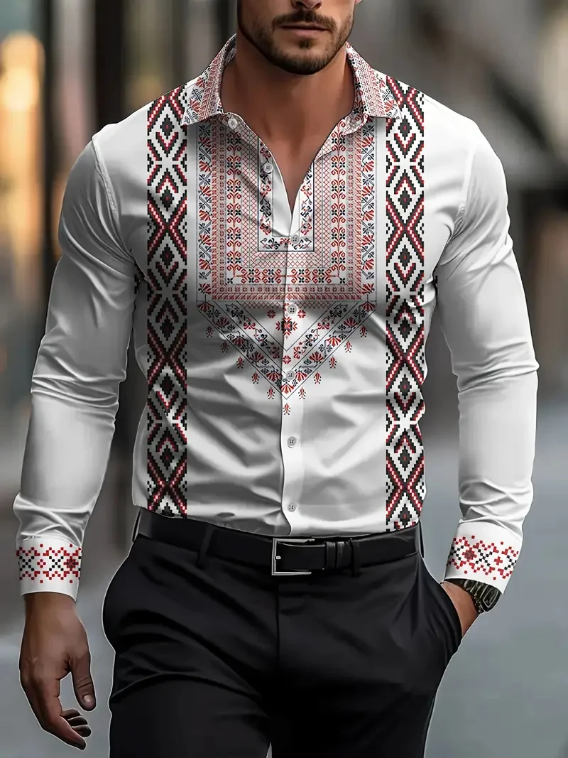 New Men Long Sleeve Shirt Wavy Glitter Stripe Print Turn Down Collar Casual Button Party Tops Men's Clothing