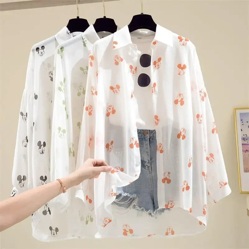 Mickey Mouse Sunscreen Shirt Women's Spring Summer 2024 Disney New Korean Edition Long Sleeve T-Shirt Loose Thin Shirt Cardigan