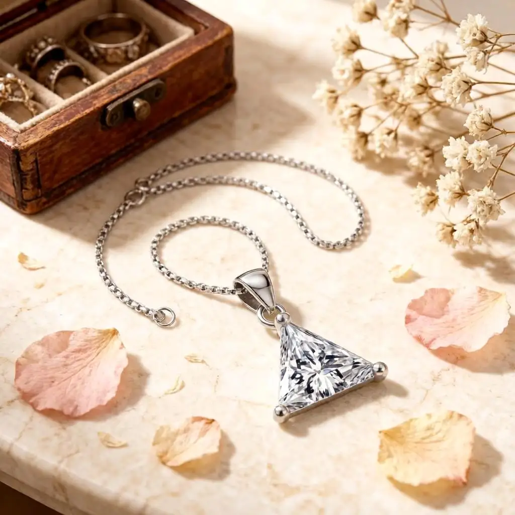 Classic 925 Sterling Silver Triangle Clear Crystal Zircon Pendant Necklace For Women Girls Engagement Party Fashion Jewelry Gift