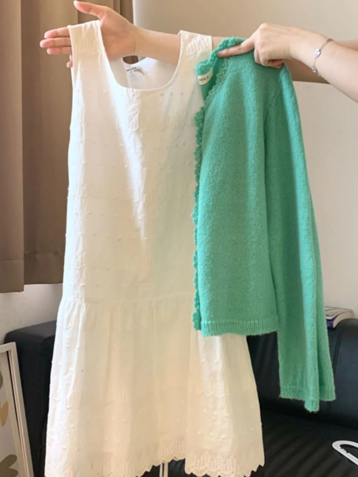 

Unique Knitted Cardigan Vest Dress Two-Piece Set Spring Season Complete Outfit Comfortable Long Sleeve round Neck Cotton Blend