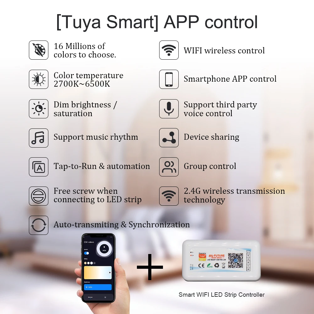 Tuya WiFi Smart LED Controller DC5-24V Single color Dimmer CCT RGB RGBW RGBCCT LED Strip APP Remote Works with Alexa Google Home