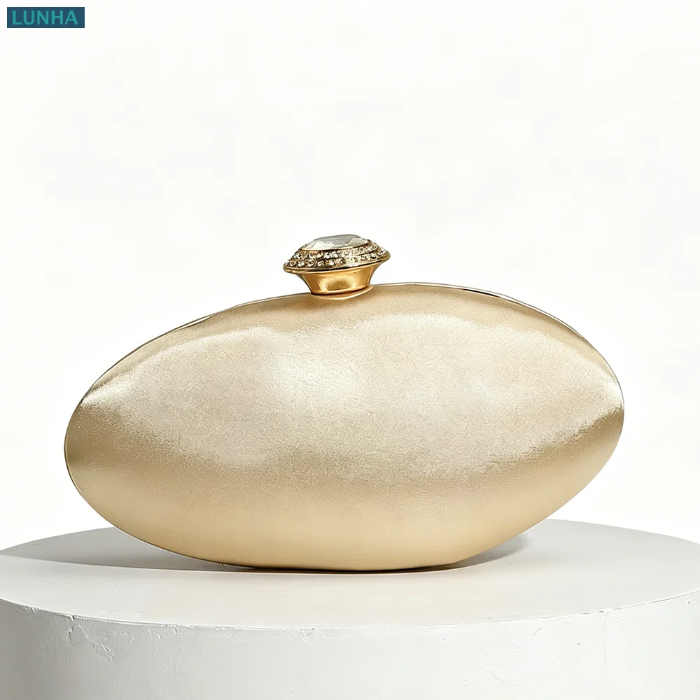 

Women's Elegant Oval Champagne Satin Evening Clutch Handbag Rhinestone Clasp Bridal Dinner Dress Party Event Hardcase Purse