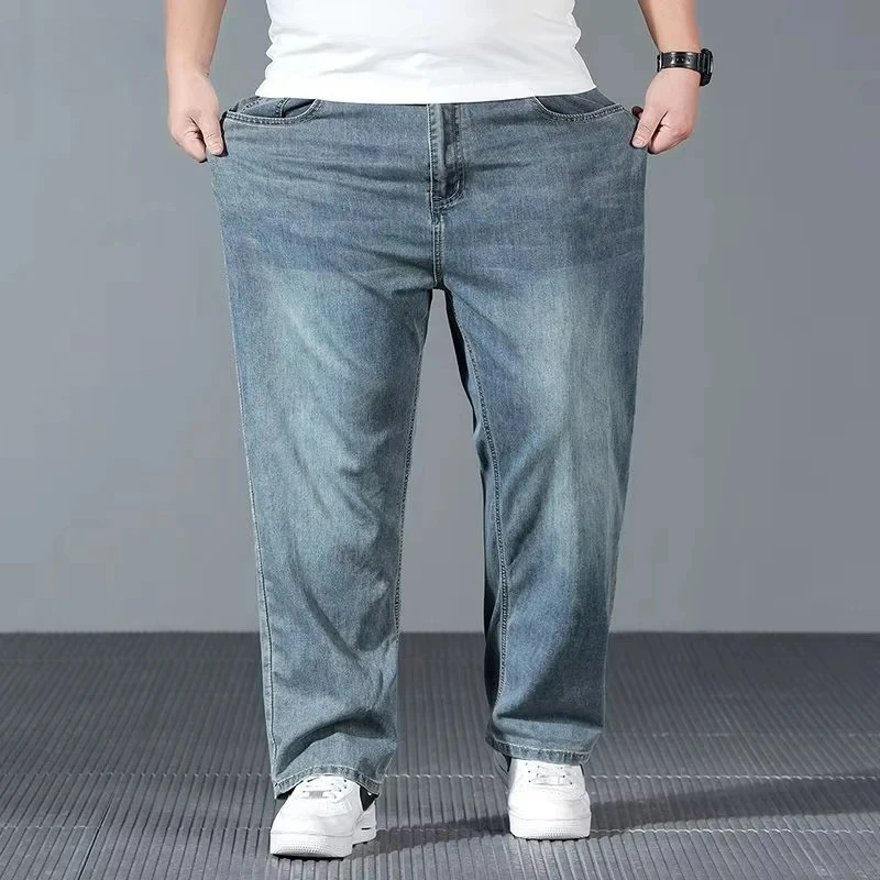 

Высококачественные новые мужские джинсы из стрейч-денима, свободного кроя, осенне-зимние, удобные и универсальные, повседневные, больших размеров, для полных мужчин.