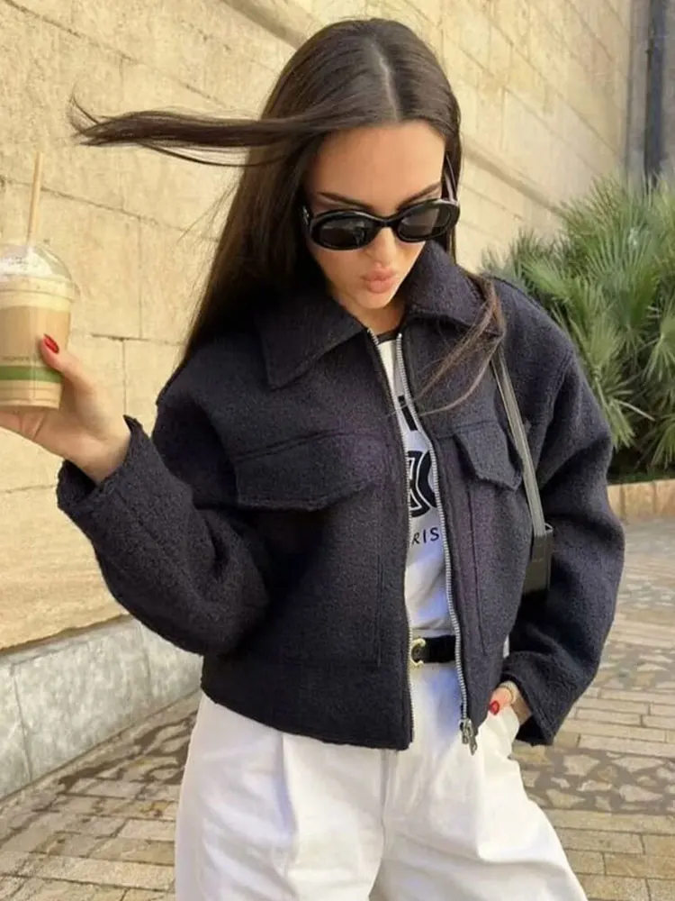 Veste solide à manches longues pour femme, Cardigan à revers, poches zippées, vêtements d'extérieur décontractés sauvages, manteau ample de rue, printemps 2024