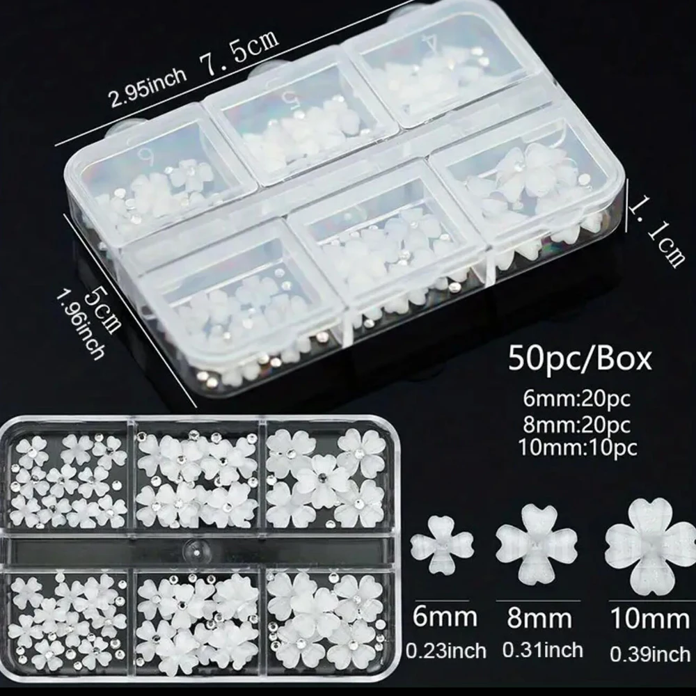 6 rasters/doos klavertje vier nagel charme met diamant 3D gemengd 6/8/10mm 4-bloemblaadjes acryl bloem nagel deel witte bloemen nagel decor