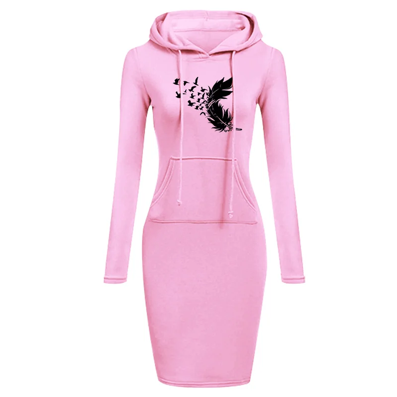 Womens Knee-Length Pockets Dress Hooded Warm Sweat Shirt Long Sleeve Neckline Simple Casual Sports Skirt