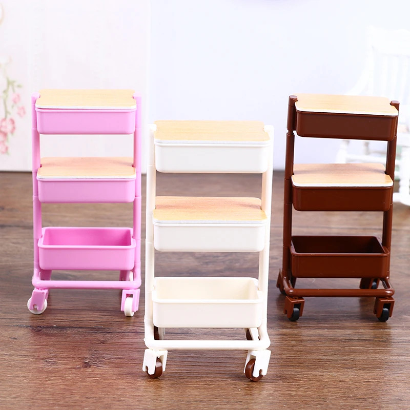 1 Set 1:12 Dollhouse Miniature Trolley Dining Cart with Wheels Storage Display Shelf Bookshelf Furniture Model Decor Toy