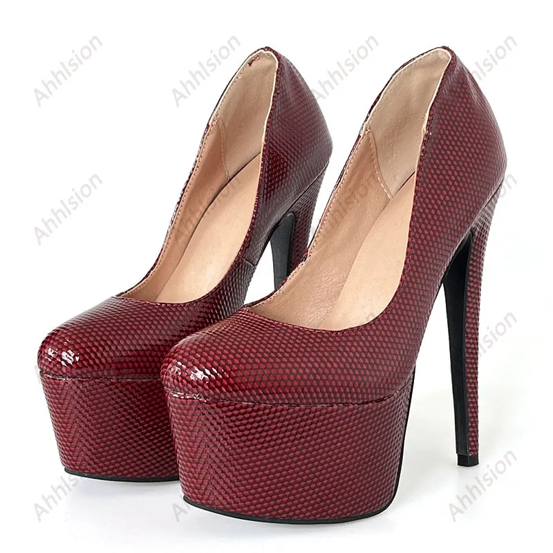 Ahhlsion New Women Platform Pumps Sexy Stiletto Heel Round Toe Pretty Burgundy Red Blue Banquet Shoes Ladies US Size 5-20