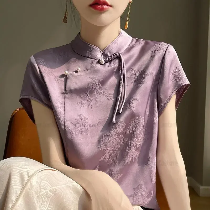 مثير بلوزة جاكار التقاليد الصينية أعلى قصيرة الأكمام تانغ الملابس سيدة الصيف جديد تشيباو قميص خمر اليوسفي طوق قمم