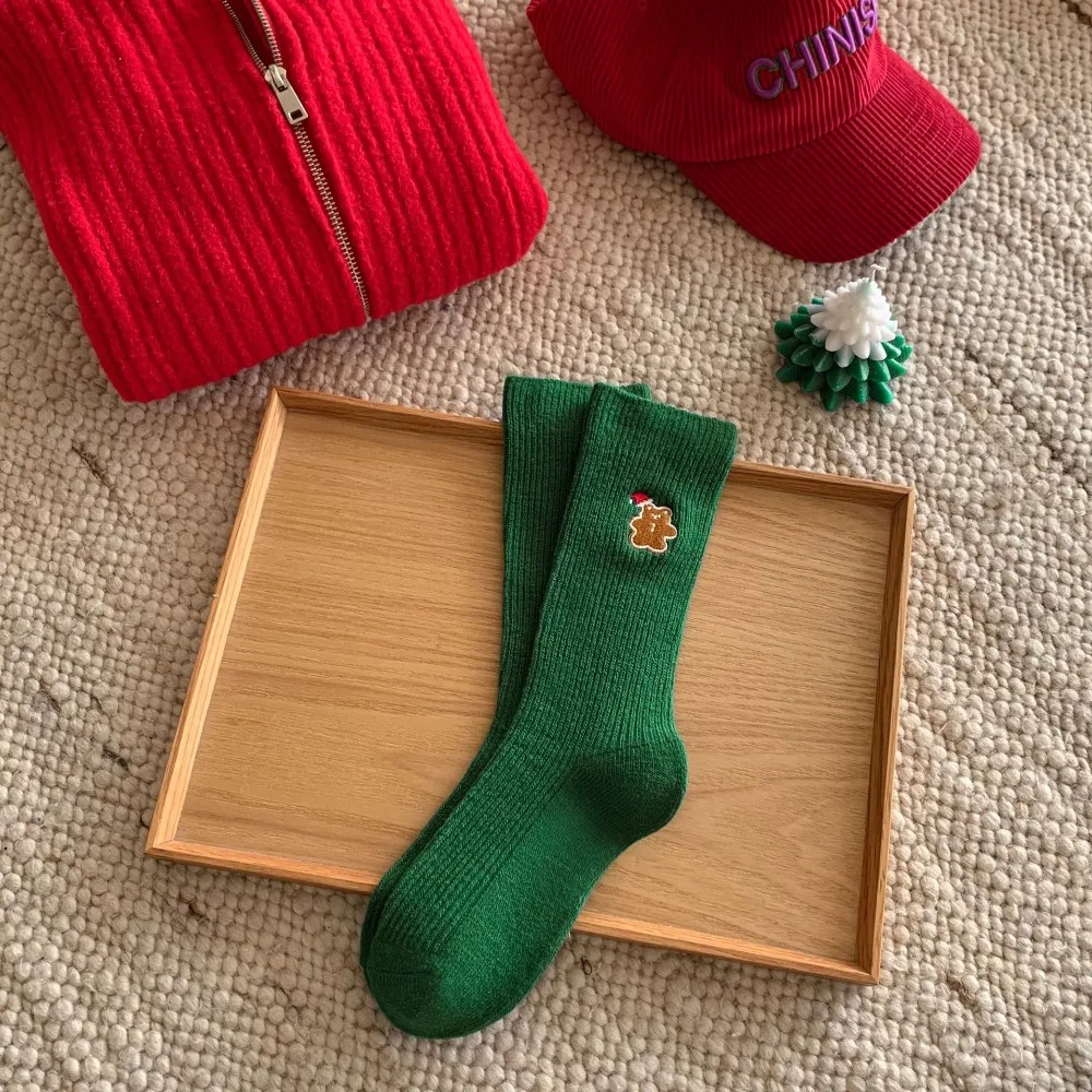 

Cotton Christmas Embroidery Socks Gingerbread Man Snowman Cartoon Hosiery Cloth Accessories Christmas Tree Mid-Tube Socks