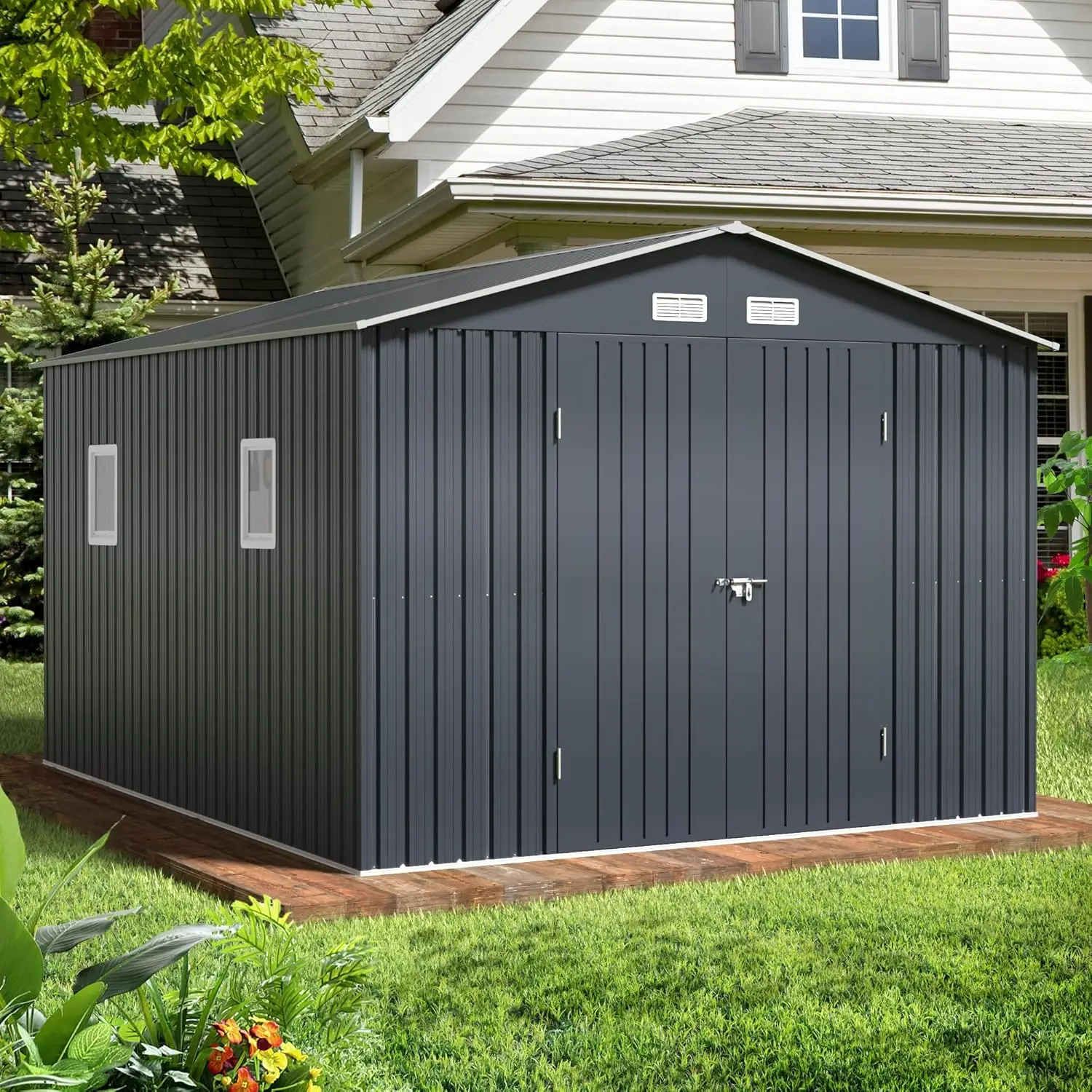 Outdoor Storage Shed 10 X 12 Ft. Utility Tool Shed Metal Storage Garden Shed with Lockable Doors, Windows for Patio Storages