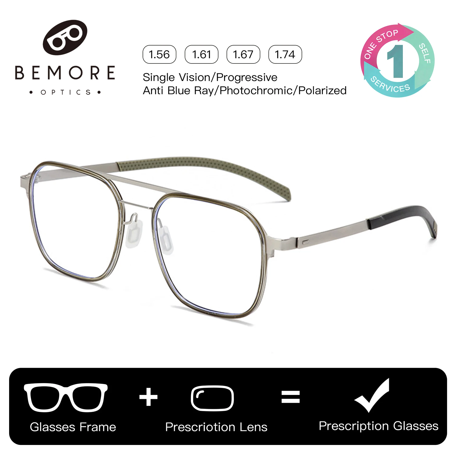 Lentes Ópticas BEMORE Pilot con Receta Médica, Fotocromáticas, Anti Luz Azul, para Miopía, Gafas de Metal para Hombre, Grado Óptico