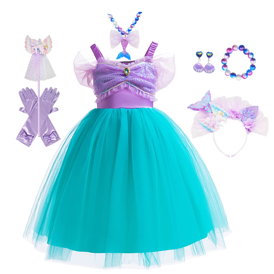 

Костюм Русалочки для девочек, детское платье в стиле пэчворк фиолетового и зеленого цветов, платье для дня рождения для девочек, одежда на Хэллоуин