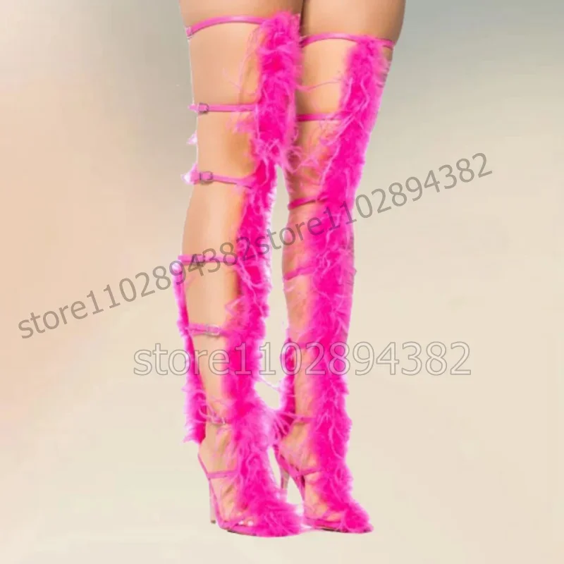 

Rose Red Feather Hollow Design Pointed Toe Sandals Boots Slip On Women Shoes Thin High Heels Fashion 2023 Zapatos Para Mujere