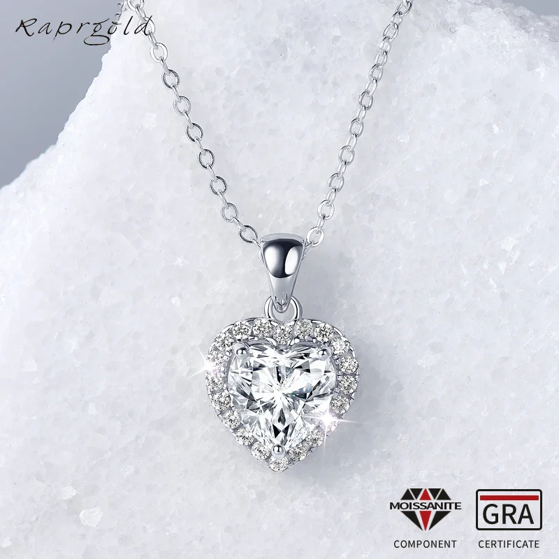 RAPRGOLD  2ct D Color Moissanite Love Heart Pendant Necklaces 925 Sterling Silver Necklace Chains for Women Wedding Jewelry Gift