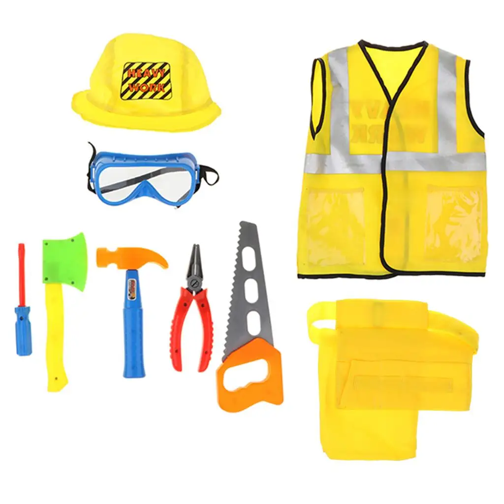 

Educational Toy Role Pretend Play Set with Construction Worker Outfit and Plastic Tool Kit for Kids Cosplay Games
