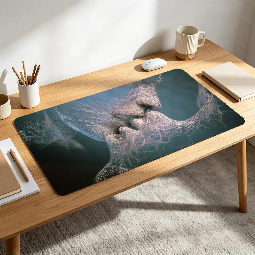 Abstract Surreal Art Gaming Mouse Pad Sturdy Non‑Slip Rubber Base Delicate Wire Mesh Kissing Faces Ethereal alfombrillas gaming