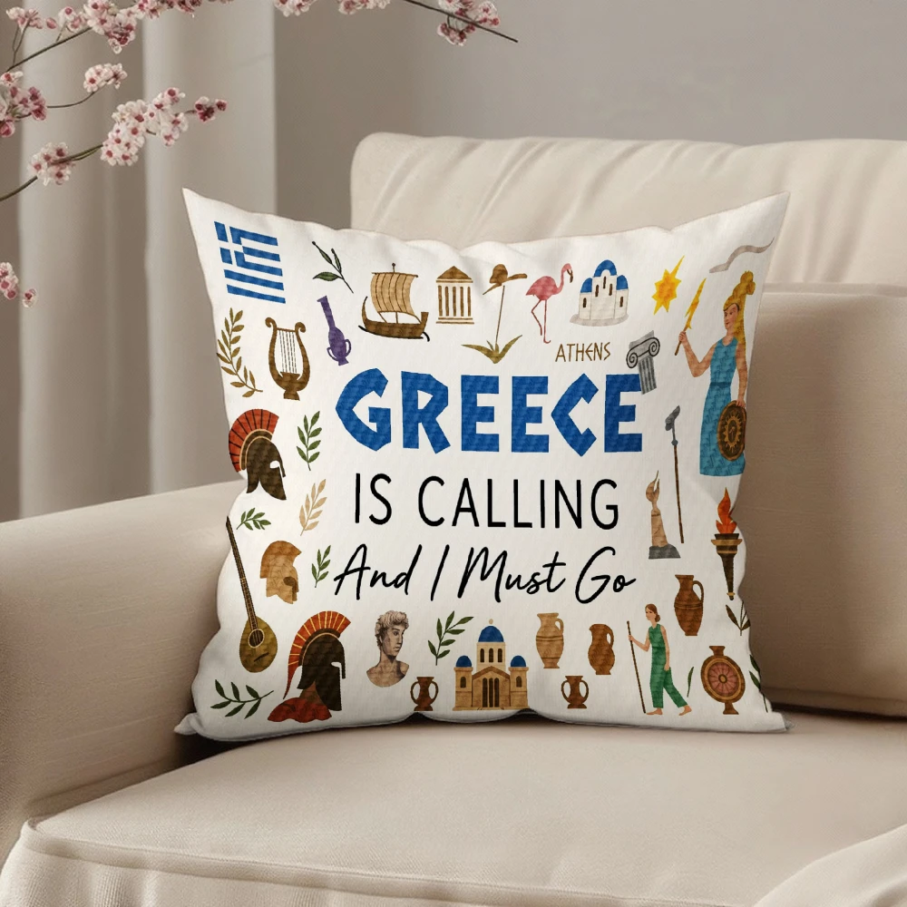 Decorative Throw Pillow Case White Greece Is Calling And I Must Go Print With Greek Mythology Icons For Sofa Bedroom Living Room