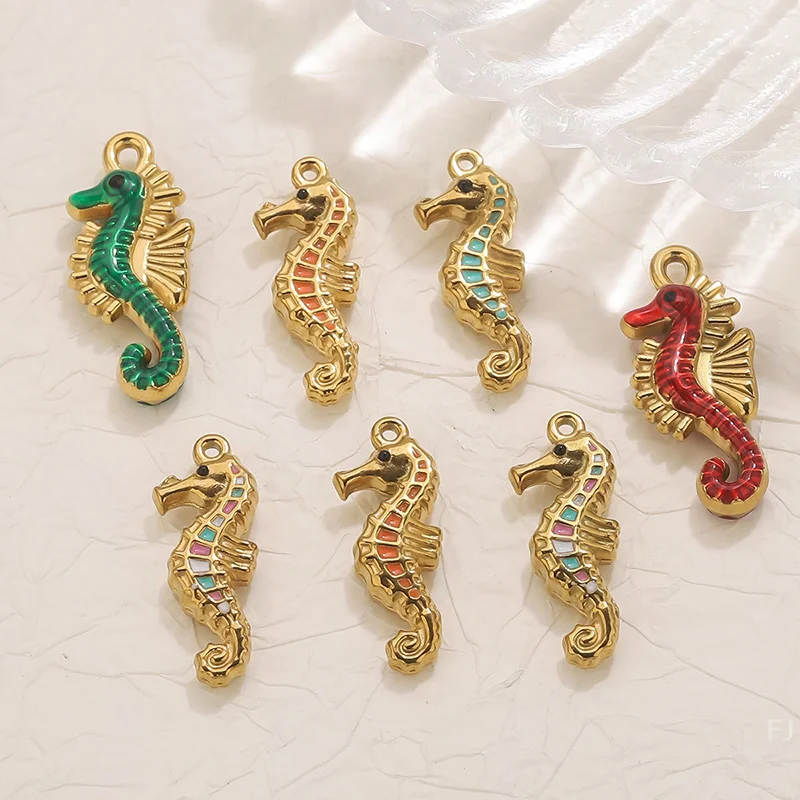 

[YU]Stainless Steel Colorful Enamel Sea Horse Charms For Jewelry Makings Summer Pendants Jewelry Necklace Accessories