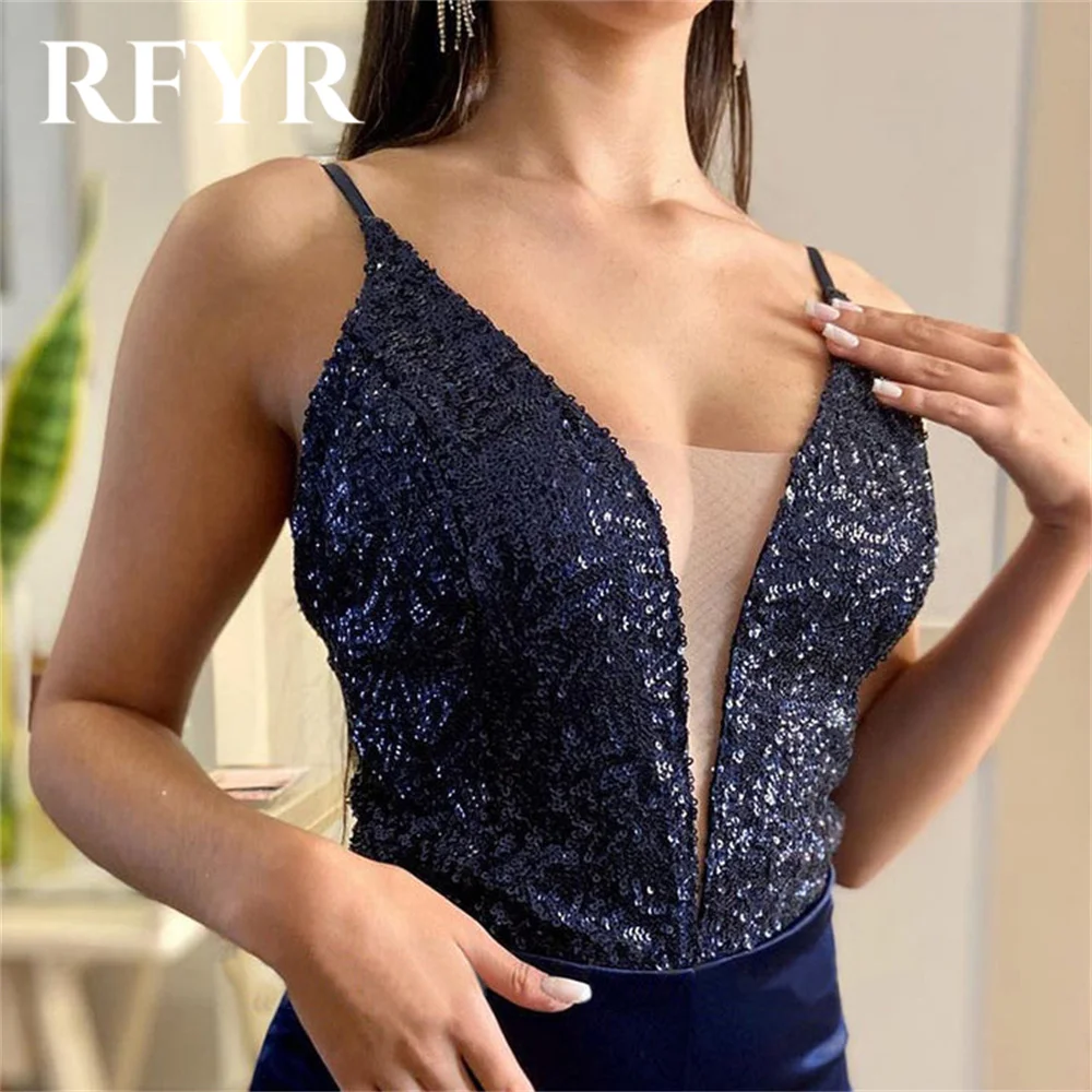 RFYR Navy Blue Prom Dress Sequins Evening Party Dress A Line Dress Floor Length Elegant Sleeveless Tulle Party Gowns Customized