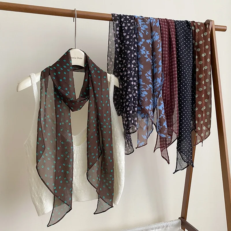 Scarf French Retro Floral Long Sheer Lightweight Soft Neck Scarf Tie for Women Summer Versatile Decorative Accessory Commute
