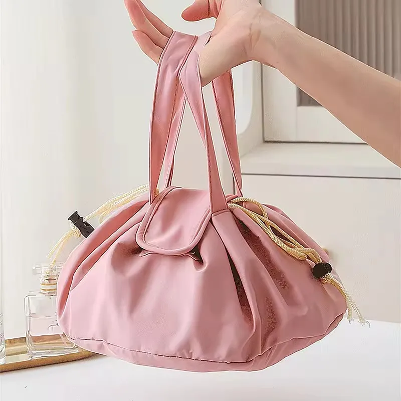 Large Capacity Bucket Cosmetic Bag, Drawstring Makeup Travel Organizer with Adjustable Strap Flip Top Pockets Gift