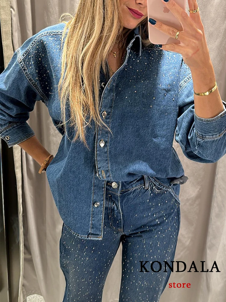 KONDALA New Chic Straight jewel Women Shirt Fashion 2023 Autumn Long Sleeve Casual Streetwear Straight Loose Button Short Blouse