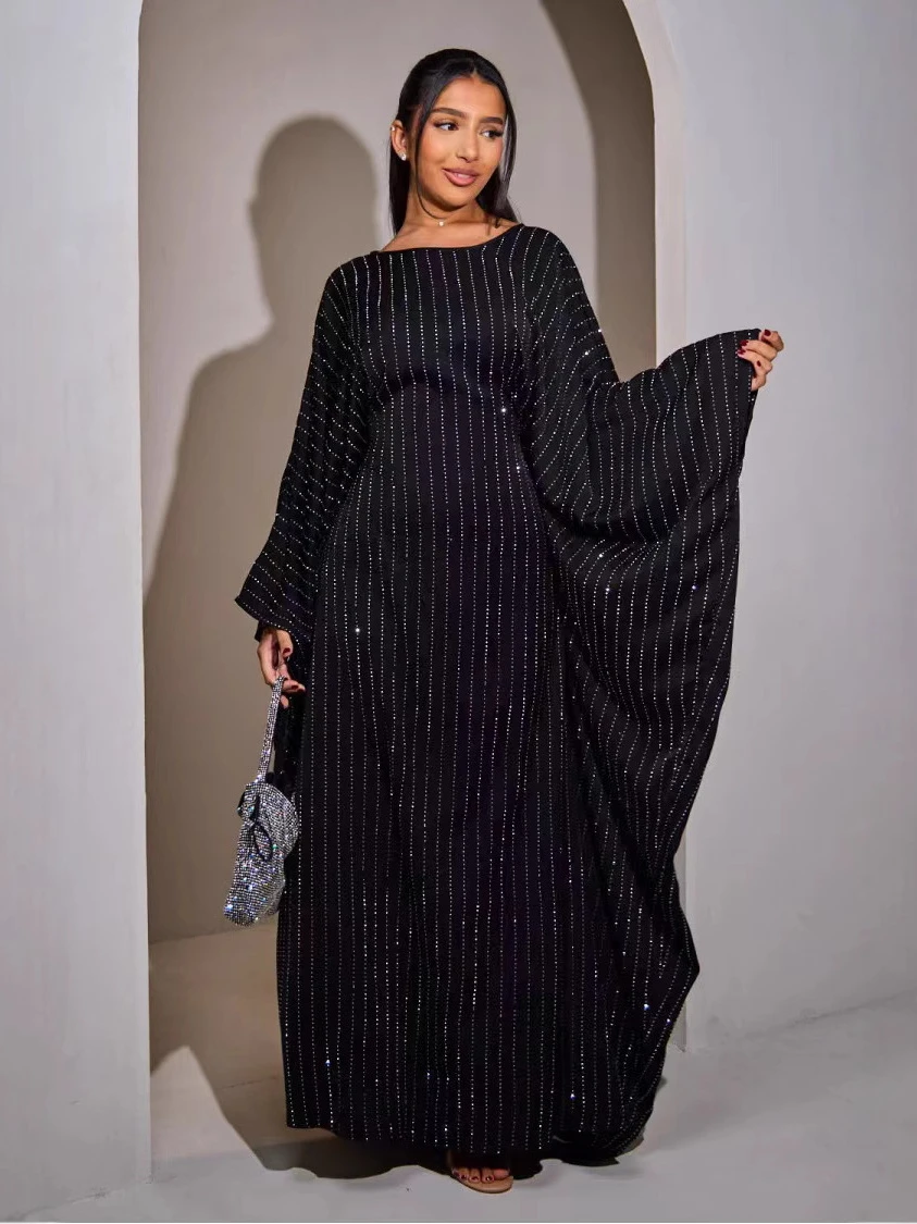 Dubai Women Party Dress Diamond Abaya Eid Muslim Caftan Robe Bat Sleeve Jalabiya Ramadan Morocco Kaftan Vestidos Largos 2025