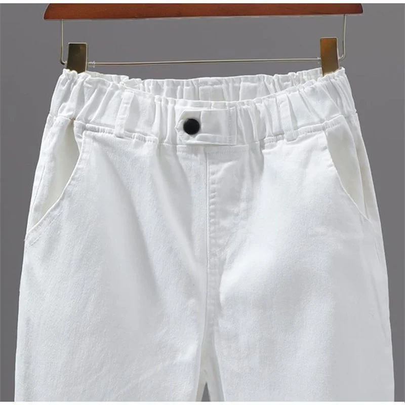 Pantalones vaqueros blancos de talla grande para mujer, pantalones de cintura alta, elásticos, versátiles, informales, holgados