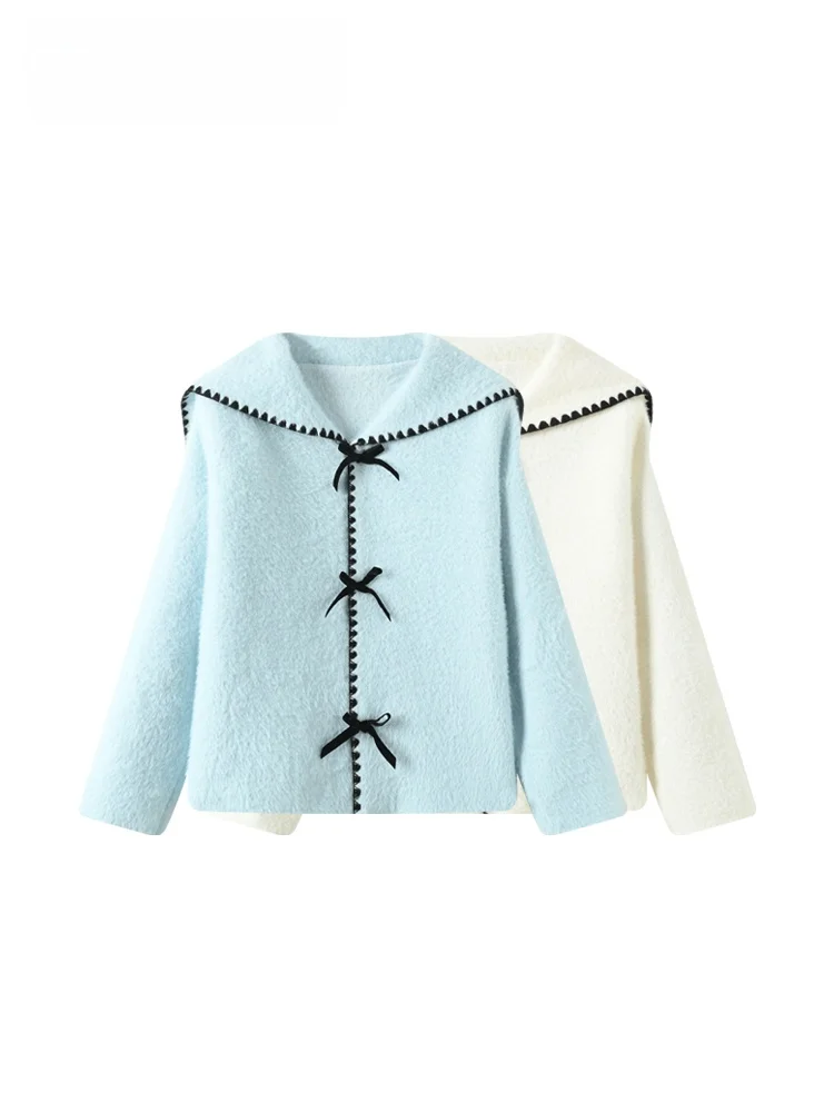 

Soft Woolen Long Sve Knitted Sweater Navy Collar Women's plus Size Spring Lazy Sle Polyester Fiber Korean Sle ort Coat