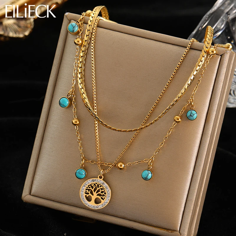 EILIECK 316L Stainless Steel Tree of Life Blue Stone Pendant Necklace For Women Vintage Trend 3in1 Clavicle Chains Jewelry Gifts