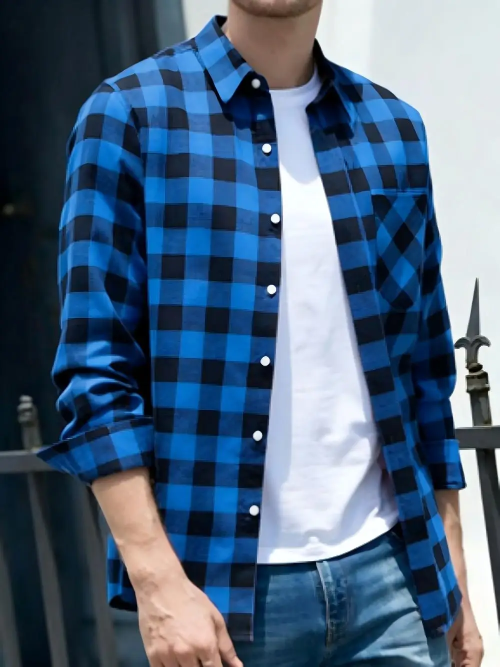 Men's Classic Water Buffalo Checkered Long Sleeved Shirt Slim Fit, Easy to Piece Patch Fabric, Chest Pocket, Comfortable and Sof