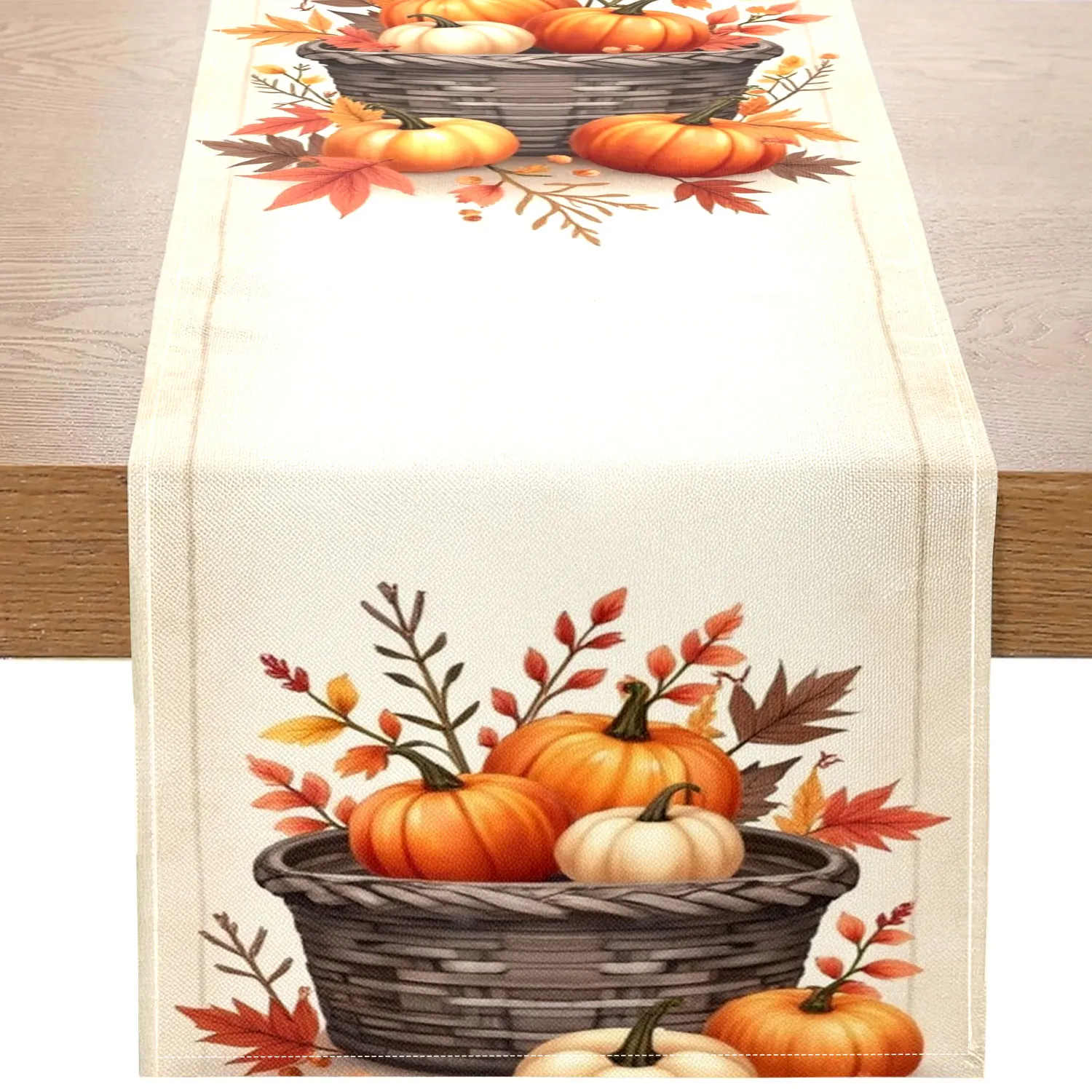 

1 Piece of Autumn-Themed Table Runner, Featuring Pumpkin, Autumn Leaves, and Wicker Basket Patterns, Suitable for Autumn Family Gatherings, Thanksgiving Dinners, and Other Occasions