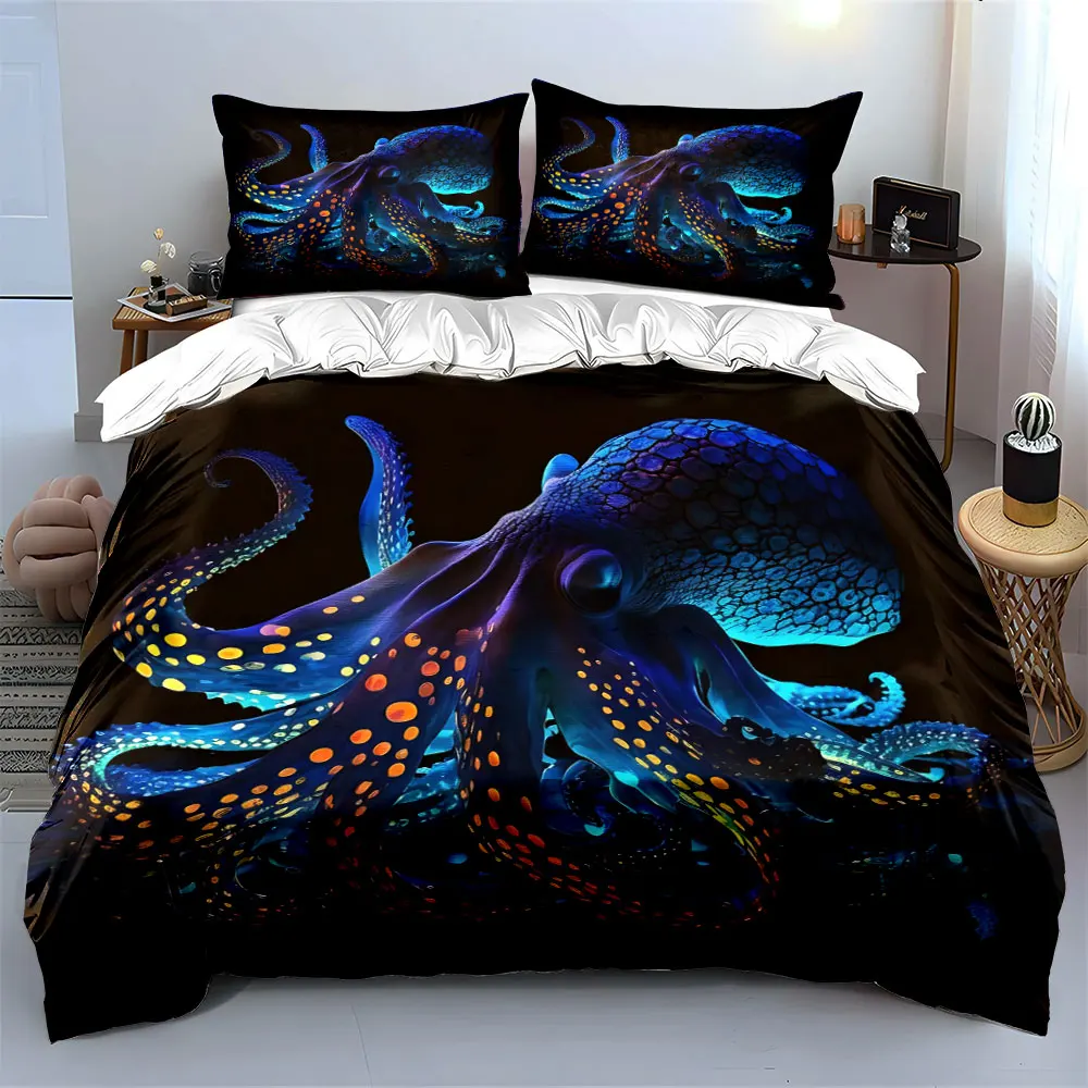 Colorful glowing octopus illustration Print Bedding Set 1 Duvet Cover 2 Pillowcases for Adult Children Luxury Gift Full Size