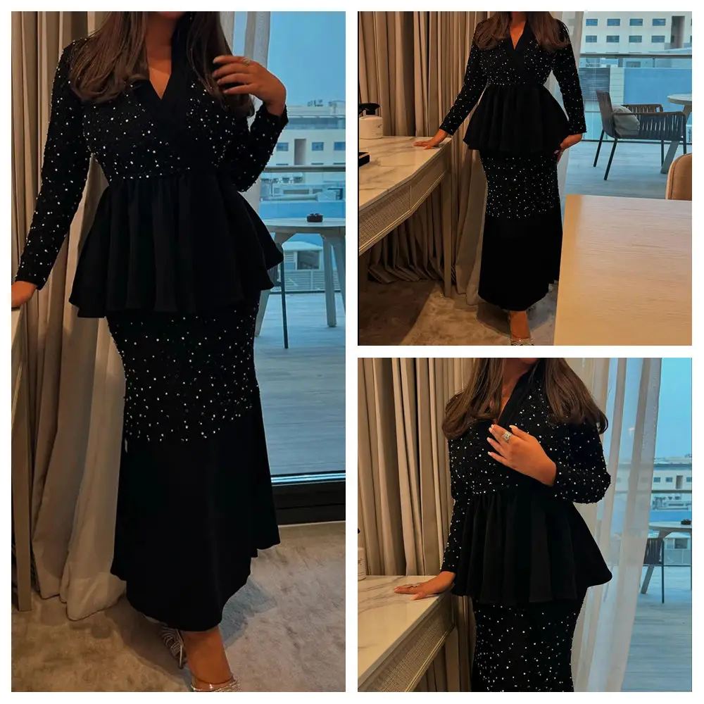 Abiti da sera a trapezio personalizzati Abito da ballo a maniche lunghe con scollo a V alla caviglia Abito da festa casual drappeggiato in cristallo di moda semplice