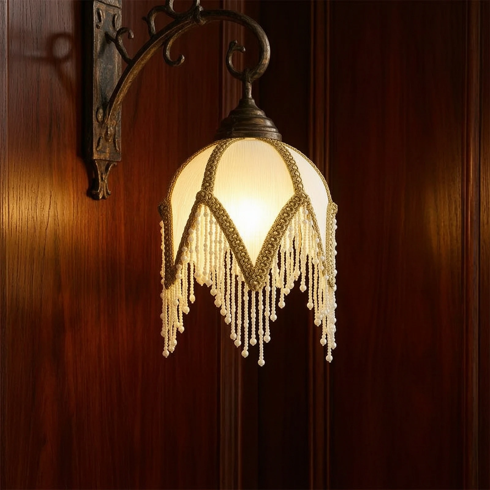 Lampshade Cover with Bead Fringe Mesh Replacement Lamp Shade Pointed Gold-Toned for Photo Styling, Tea Rooms
