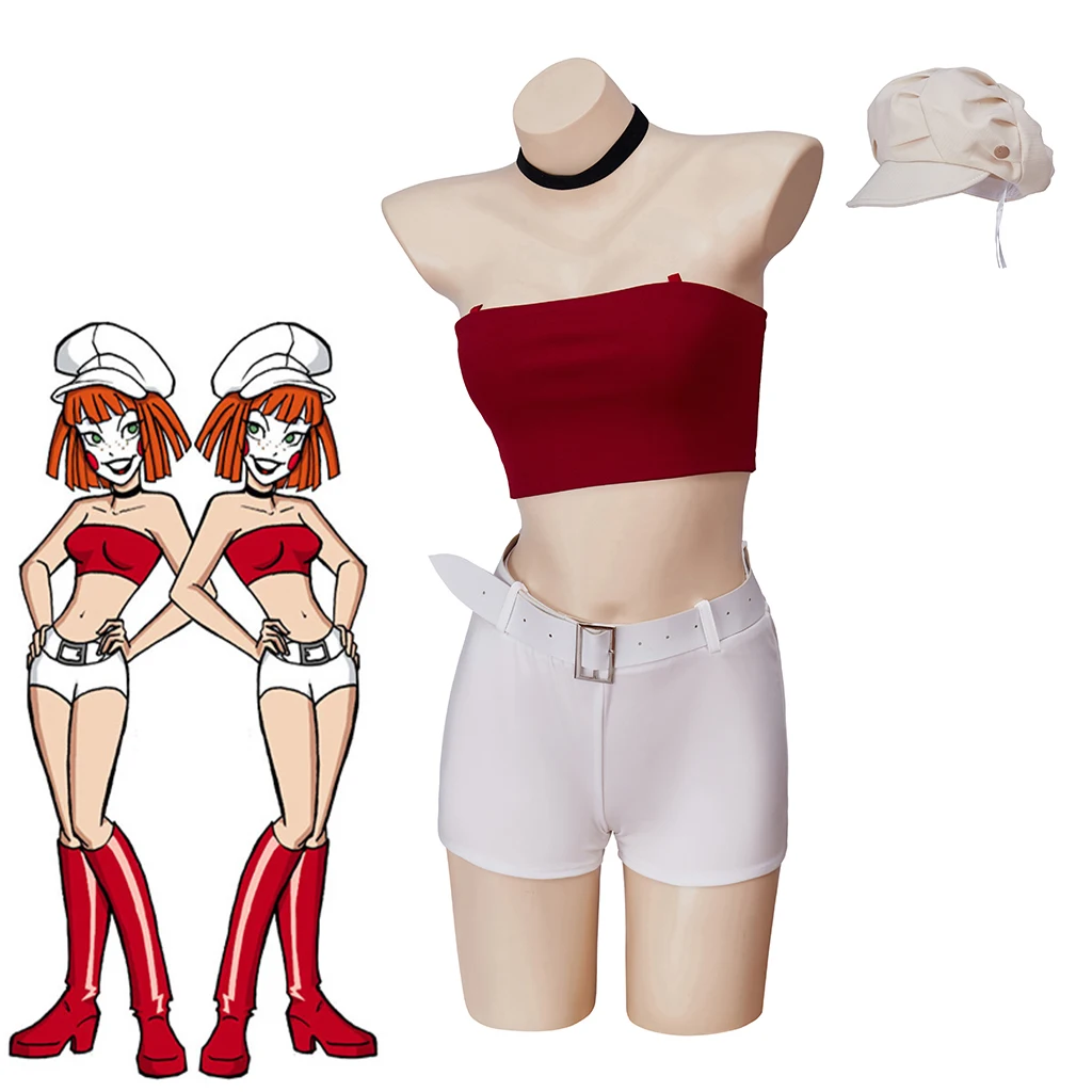 Dee Dee Twins Cosplay Anime Costume Women Girl Sexy Crop Top Shorts Hat Full Set Halloween Carnival Party Fancy Suit Streetwear