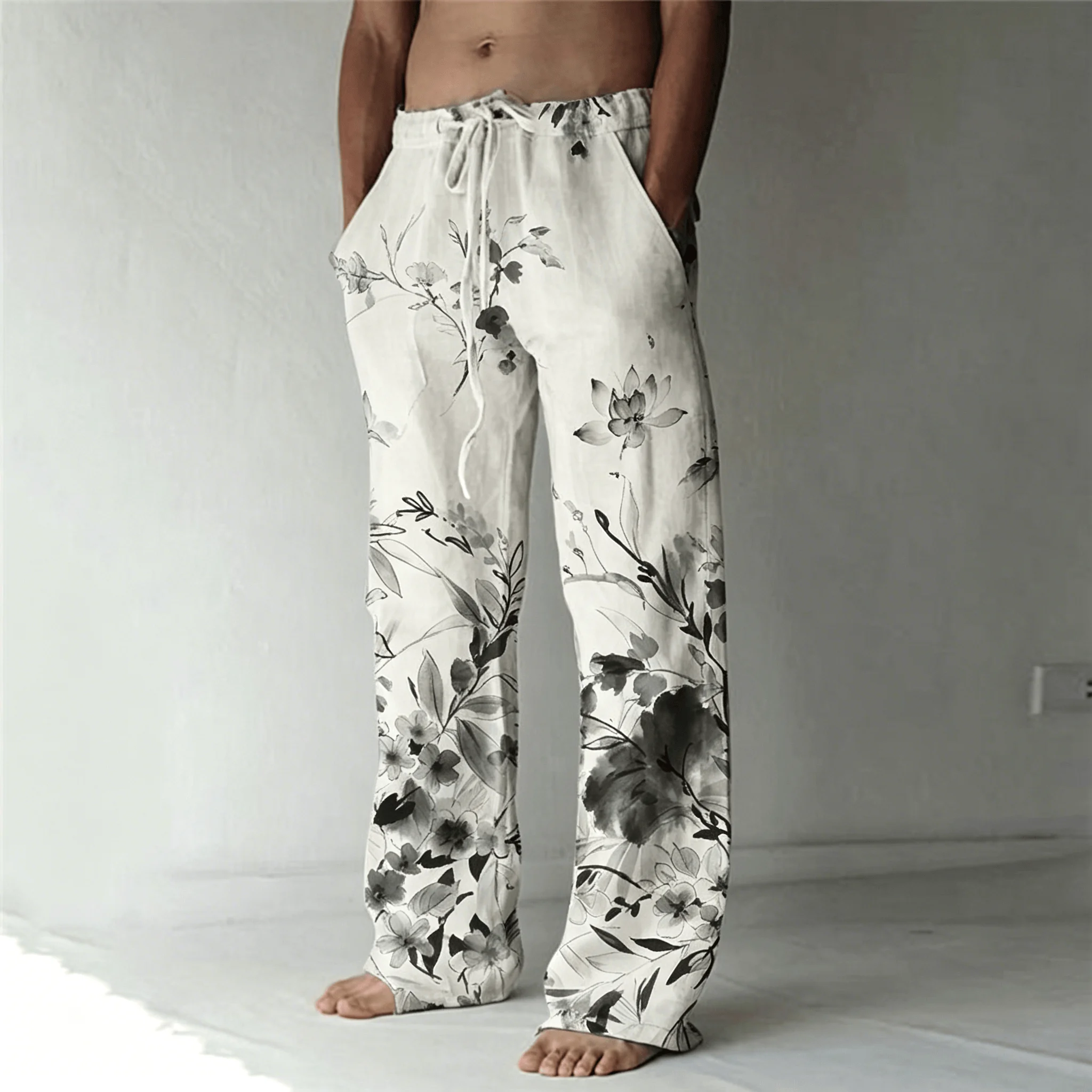 Herrenhose mit Tuschendruck-Palmblattmuster und Kordelzug, Vintage Botanische Gerade Hose für Frühling & Sommer – Detail 3