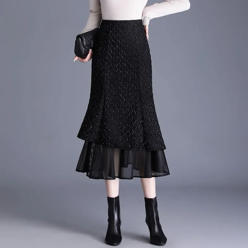 

Юбка «рыбий хвост» осень-зима женская с высокой талией серебряная проволока упаковка бедер плюс бархатная утолщенная зимняя юбка средней длины