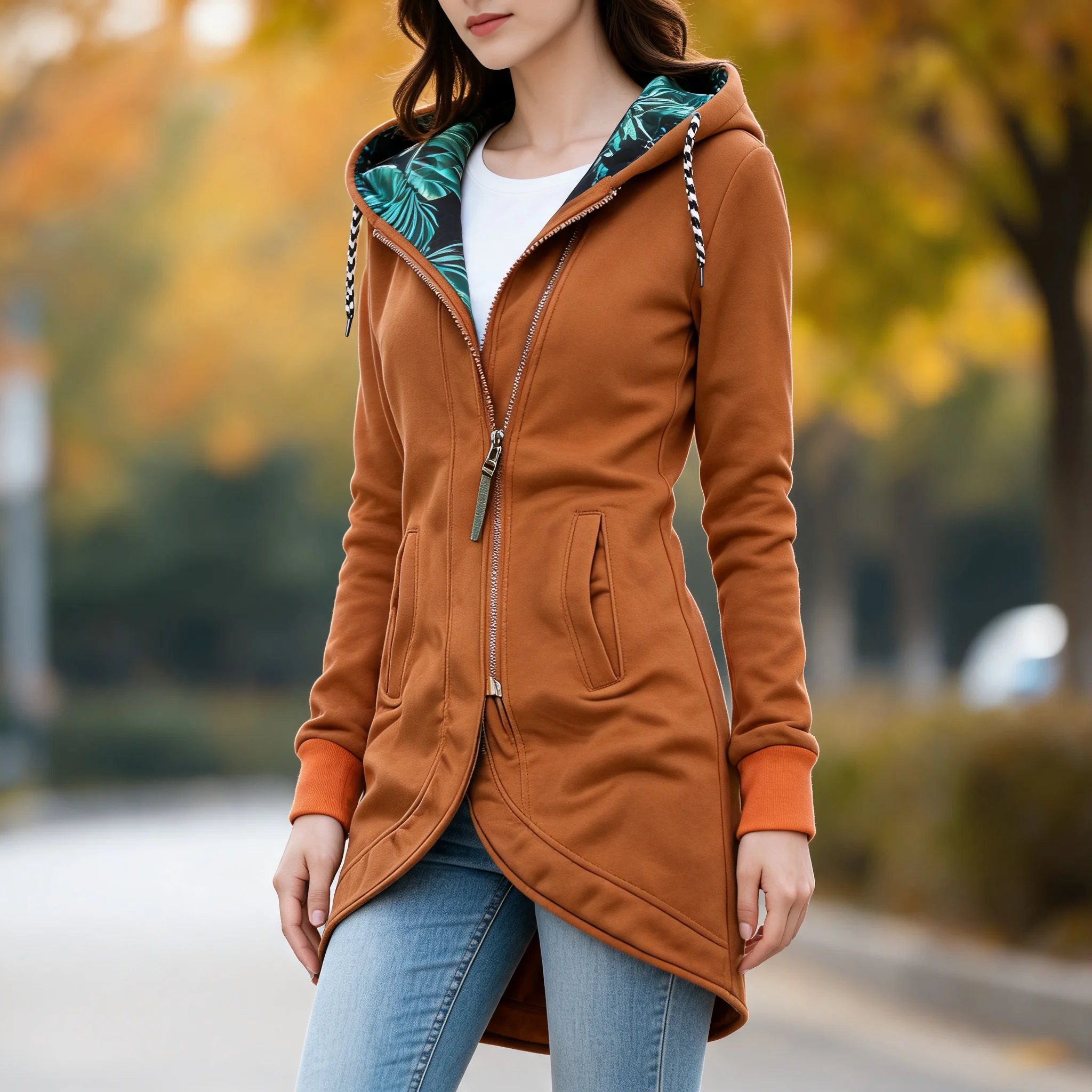 Printed Zipper Coat Mid Length Japanese Korean Casual with Medium Weight Printed Pattern Regular Sleeve Women Autumn Jacket