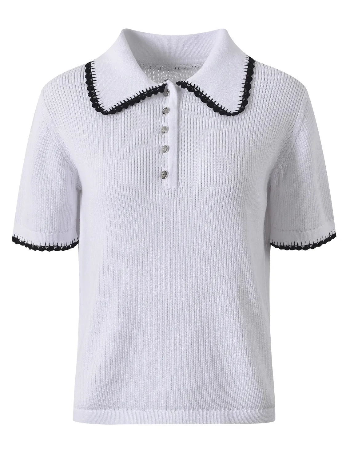 

Spring 2025 Faion Slim Fit Ne T-irt Knitted ort Sve Color Blo Lace Trim Top Women's Sweet Sle Regular Length