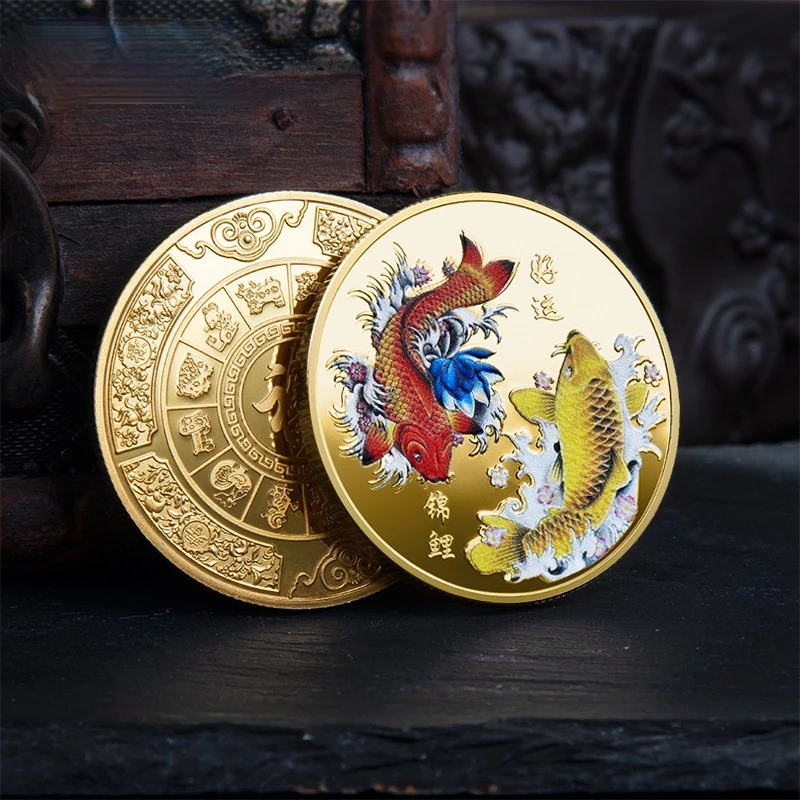 Good Luck To You Chinese Fu Koi Commemorative Coin Color Carp Medal Gold and Silver Coin Embossed Metal Craft Badge Gift