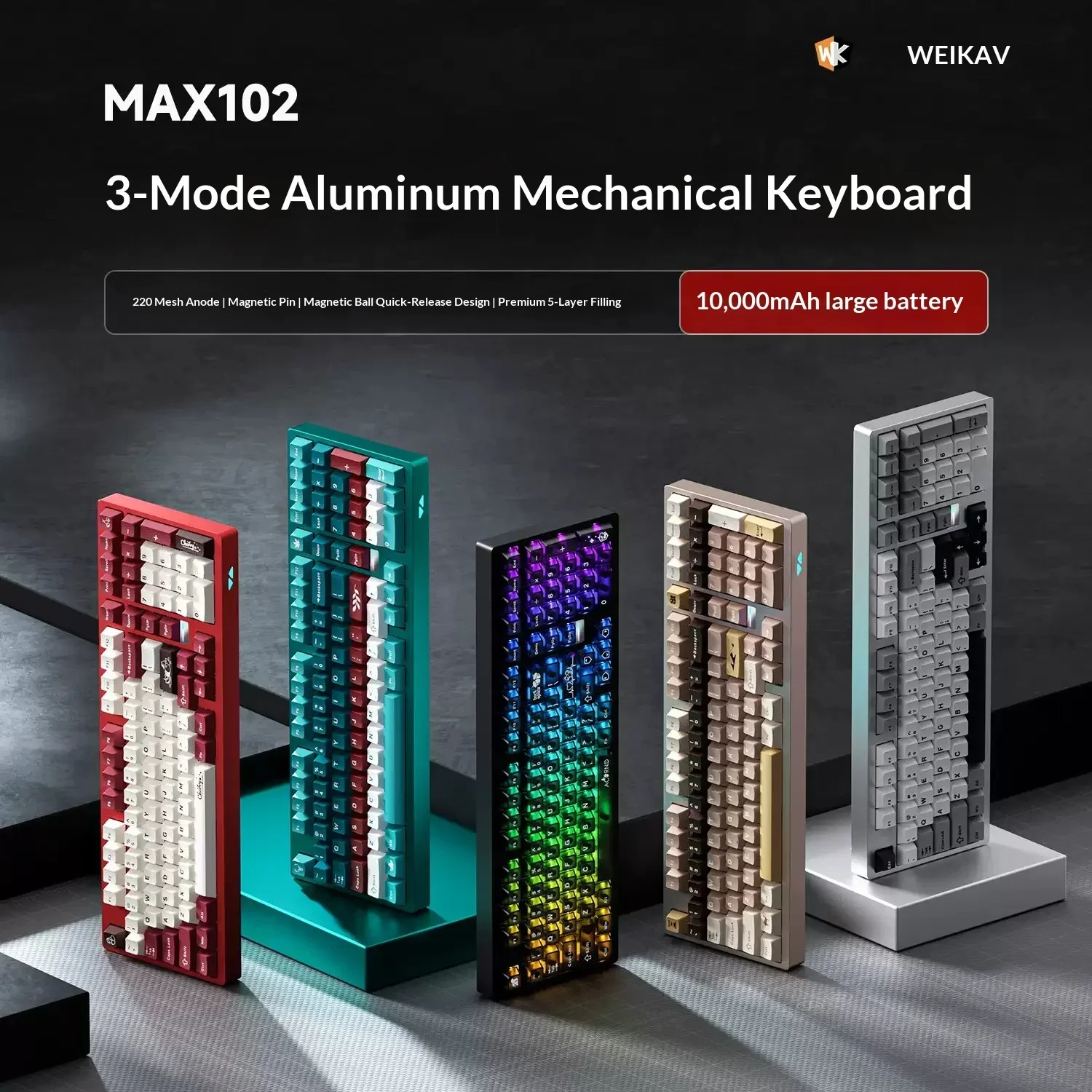 WEIKAV MAX102 Tri-Mode Aluminum Mechanical Keyboard 10000mAh Battery Hot-Swappable RGB For Gifts
