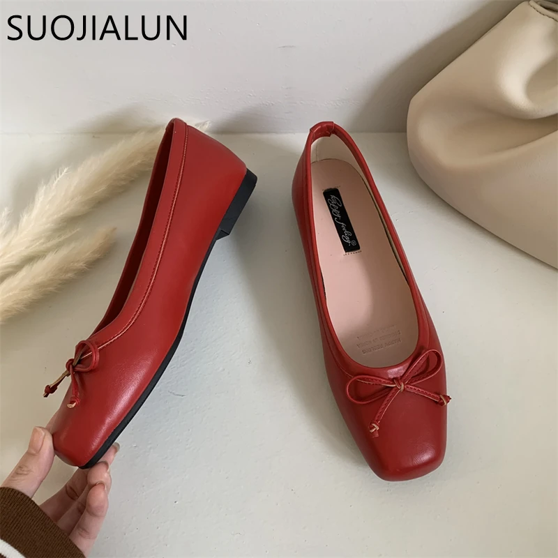 SUOJIALUN 2023 New Women Flat Shoes Fashion Square Toe Shallow Slip On Ladies Casual Ballet Shoes Soft Leather Outdoor Loafers S